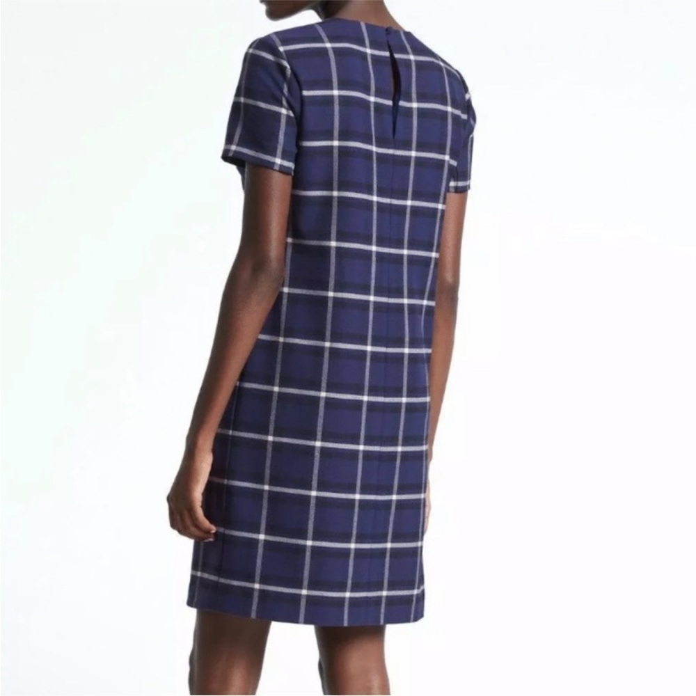 Banana Republic Plaid Shift Dress Blue White Short Sleeve Office Career Work - Picture 2 of 7